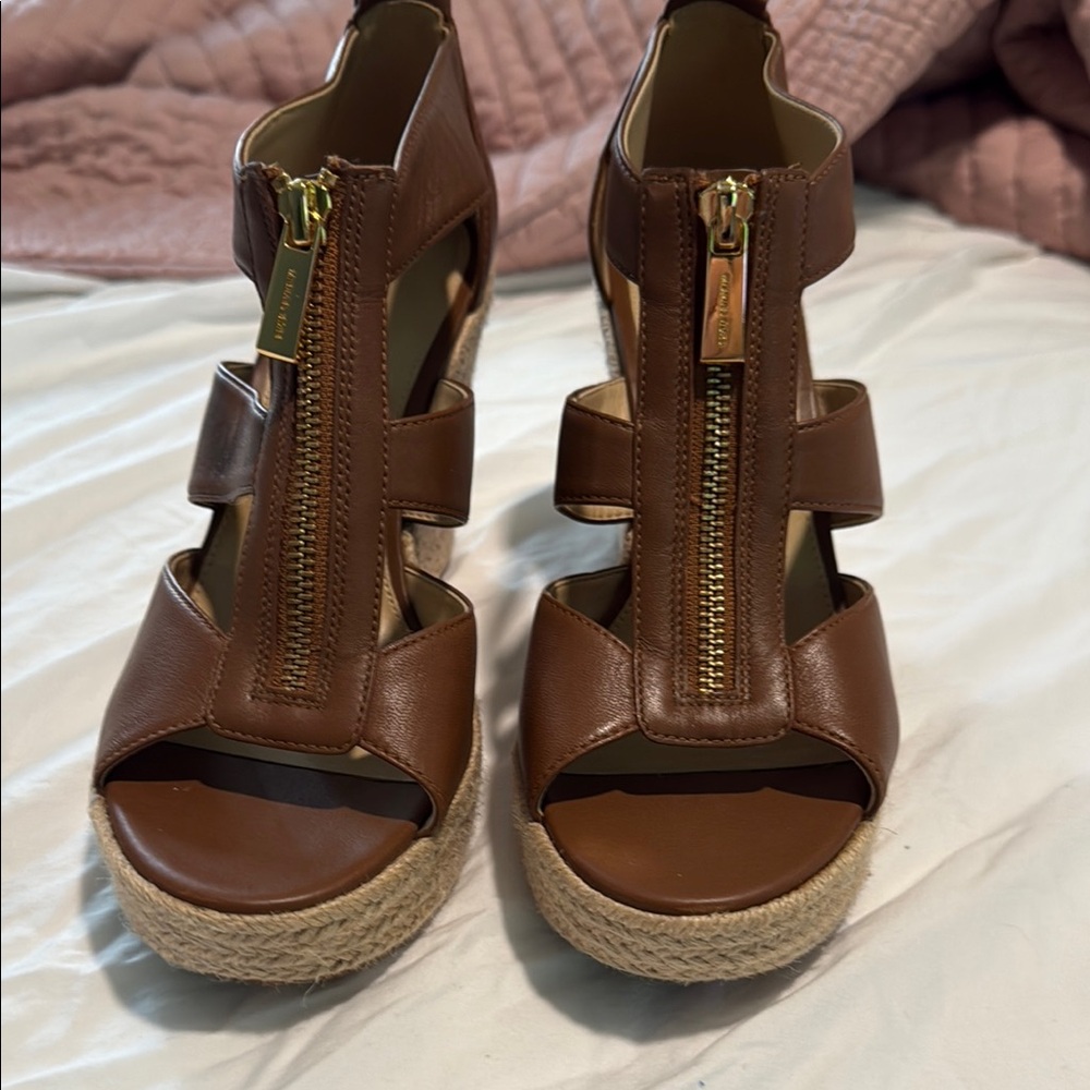 Michael Kors Brown Leather Wedge Sandals